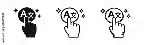 Hand Clicking Language Translation Button Icon Set. Activate Multilingual Feature for User Interface.