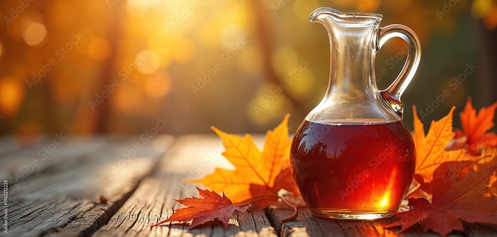 Naklejka premium Glass pitcher of amber maple syrup sits on rustic wooden table. Autumn leaves surround carafe filled with sweet liquid. Warm sunlight filters through trees.