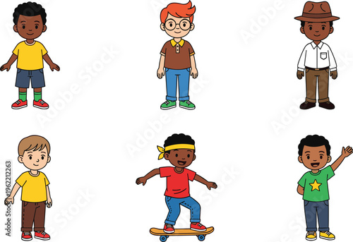 Cartoon Boys Vector Illustrations in Casual Outfits with Sports, Skateboard, and Fun Poses for Child, Lifestyle, and Active Designs