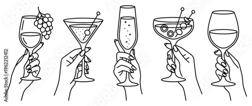 Woman hands holding wine and cocktail glasses black line art design.