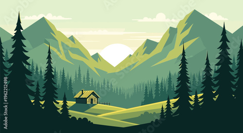 Cozy Cabin Nestled in a Serene Mountain Valley Landscape.