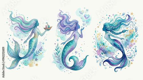 Pastel Watercolor Mermaid Illustration Set with Fantasy Ocean Style