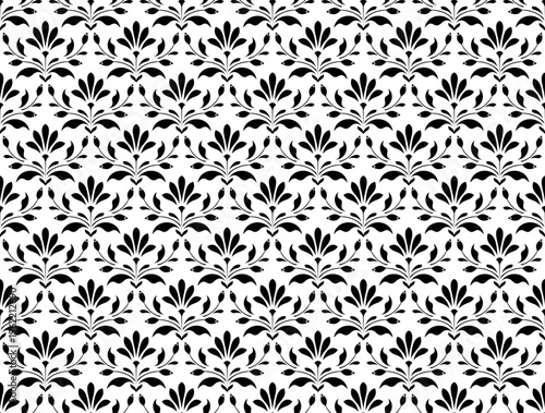 Wallpaper in the style of Baroque. White and black floral ornament. Seamless vector background. Graphic pattern for fabric, wallpaper, packaging. Ornate Damask flower illustration.