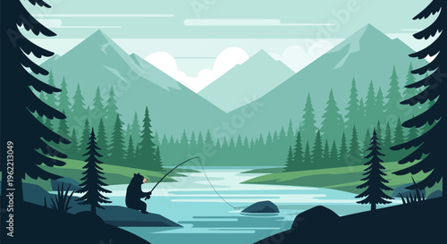 Fisherman casting line in serene river.