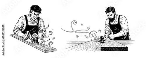 Two Craftsmen Engraving Woodworking Art with Hand Tools in Workshop Setting, Detailed Line Art