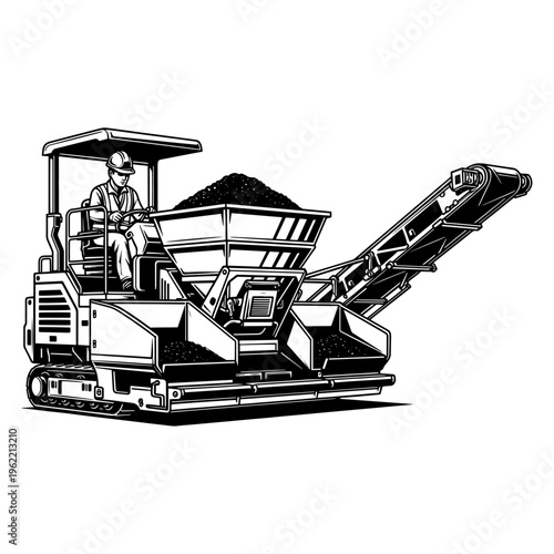 Construction Worker Operating Asphalt Paver Machine on Road Construction Site, Line Drawing Illustration