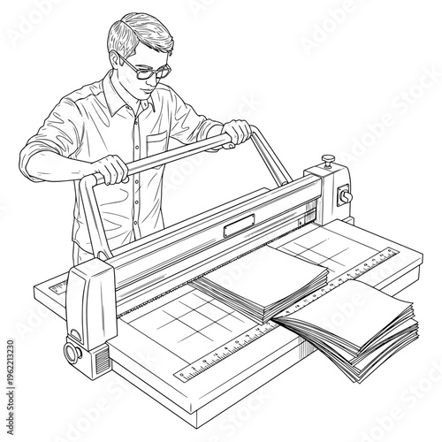 Professional Using Large Format Paper Cutter in Office or Print Shop Environment