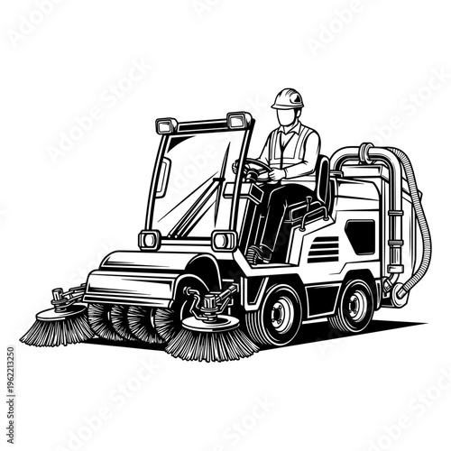 Professional worker operating large street sweeper machine in urban maintenance scene, black and white illustration