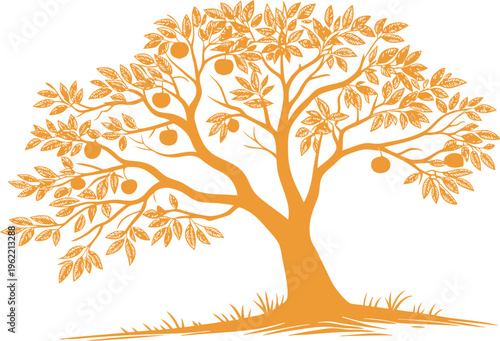 Orange Tree With Fresh Fruits Scene. Orange Tree In Natural Orchard View. Citrus Orange Tree With Green Leaves. Fresh Orange Tree In Garden Landscape. Fruiting Orange Tree Branch Detail View.