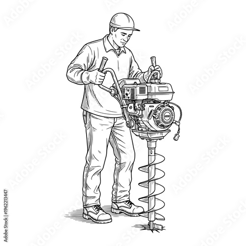 Skilled worker operating portable gasoline-powered auger drill for construction or well digging