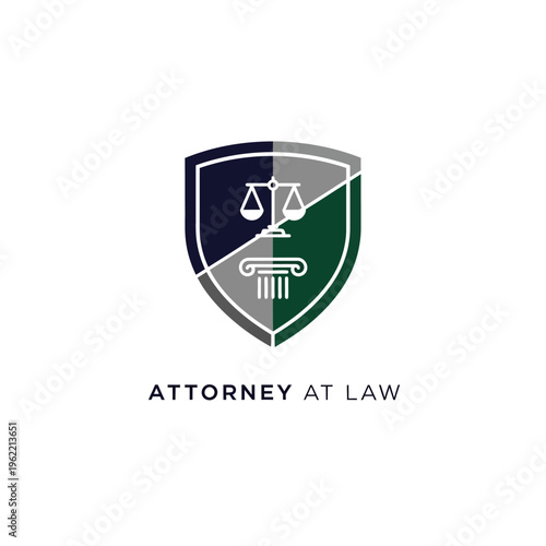 Professional green and gray "Attorney At Law" shield logo with scales of justice and a pillar, on an isolated white background.