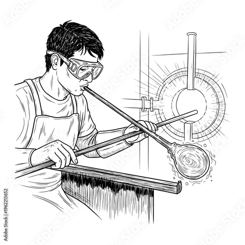 Professional Glassblower Shaping Molten Glass with Blowpipe in Workshop Industrial Line Art Vector