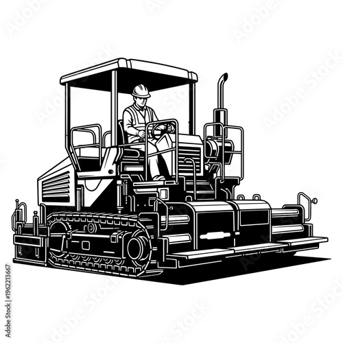 Black and White Illustration of Construction Worker Operating Asphalt Paver Machine on Roadway
