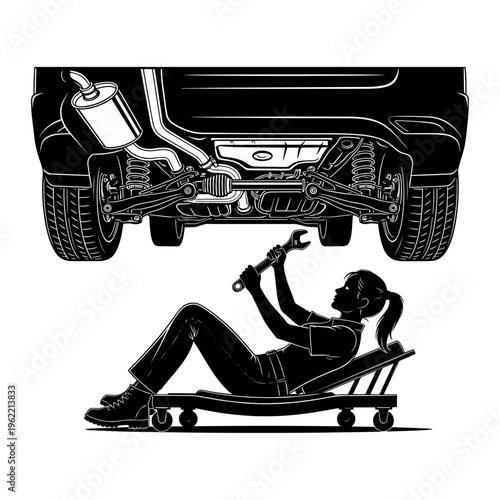 Mechanic inspecting car exhaust system under vehicle on lift with diagnostic tools