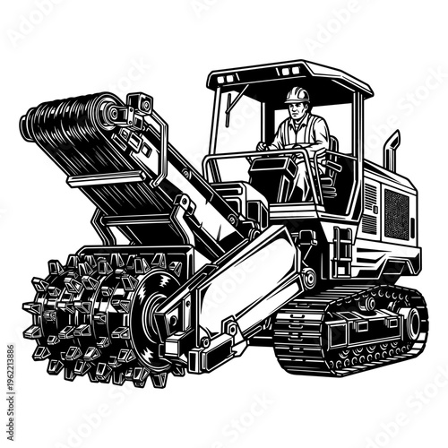 Black and White Illustration of Construction Worker Operating Heavy Road Grader Machinery