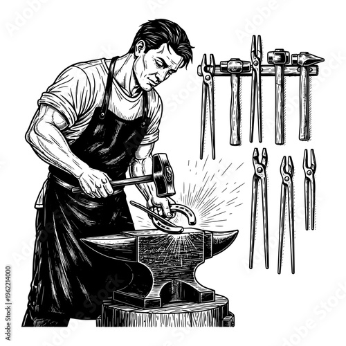 Blacksmith forging metal on anvil with traditional hand tools and workshop equipment vintage illustration