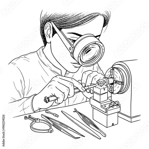 Skilled machinist operating precision lathe with safety goggles in workshop environment