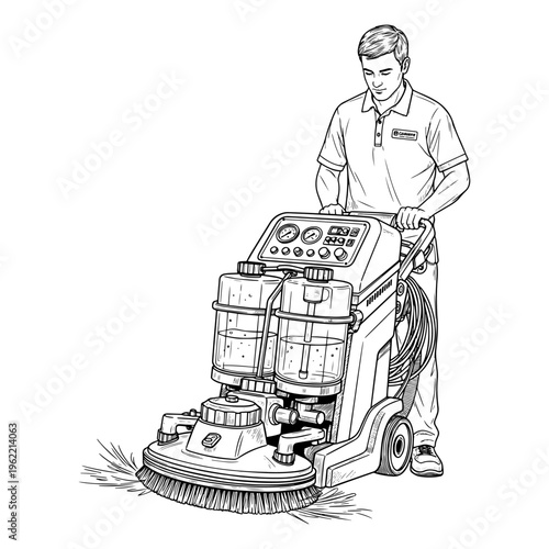 Professional using commercial floor scrubber machine in office or industrial cleaning setting