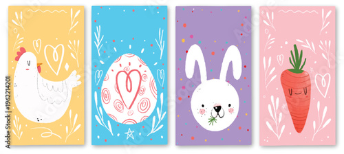 Cute easter banners with chicken egg rabbit and carrot characters vector