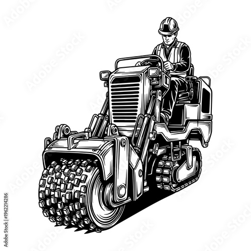 Vintage Illustration of Construction Worker Operating Road Roller on Smooth Asphalt Surface