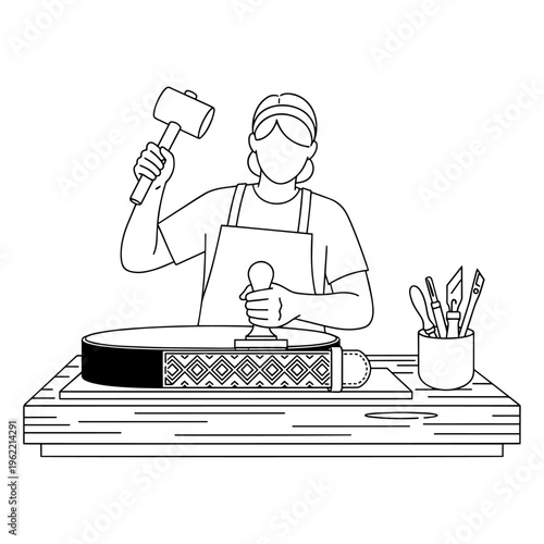 Illustrated craftsman stamping intricate design on leather using a hand hammer and stamp set on wooden workbench