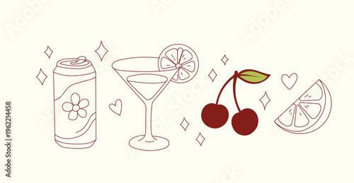 Doodle style beverage and fruit icons including a soda can, martini glass, cherries, and a citrus slice