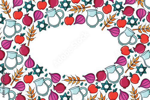 Shavuot holiday frame with milk pomegranate wheat and apple vector