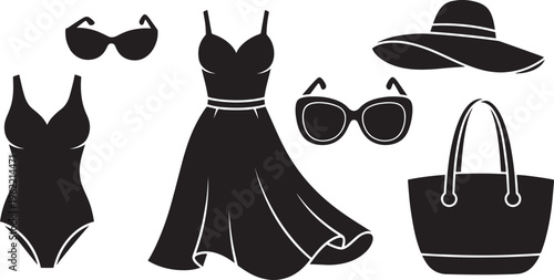Black and white silhouette of summer fashion accessories and clothing