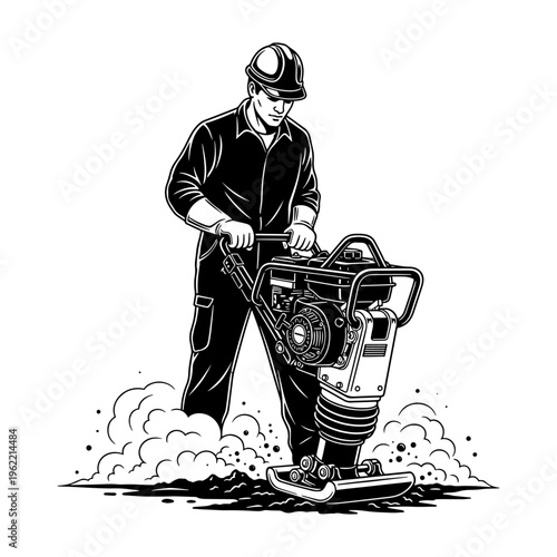 Construction Worker Operating Portable Electric Jackhammer on Job Site, Vintage Illustration Style