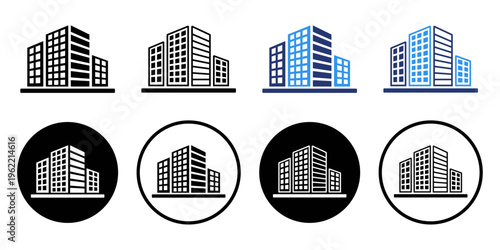 Office building symbol set in line and flat style concept of business, corporate company, hotel, real estate, bank, school, home, headquarters, residential, enterprise, organization vector design