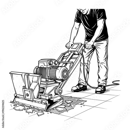 Professional Electric Floor Scraper Machine with Operator Removing Old Tiles Line Art Vector Illustration