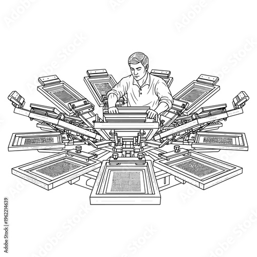 Vintage Illustration of Printer Operator Managing Multi-Unit Offset Printing Press in Action