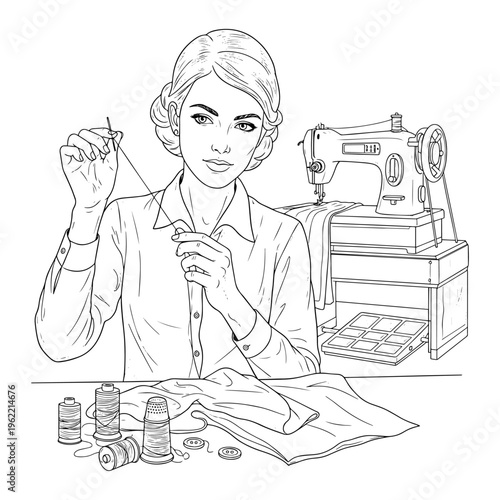 Vintage illustration of a seamstress threading a needle at a sewing machine with fabric and spools