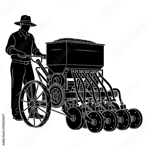 Vintage Farmer Operating Black Seed Planter Machine with Large Hopper and Multiple Rows of Seeders