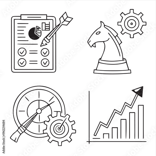 A professional set of vector icons and silhouette illustrations for sewing and web design featuring business technology symbols and a creative sketch sign