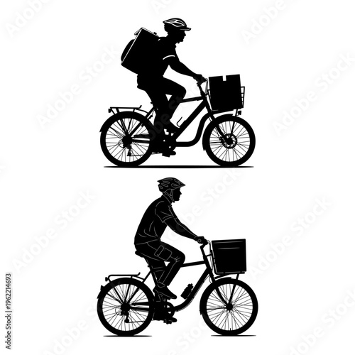 Silhouette Courier Riding Delivery Bike with Cargo Baskets in Urban Setting, Minimalist Black and White