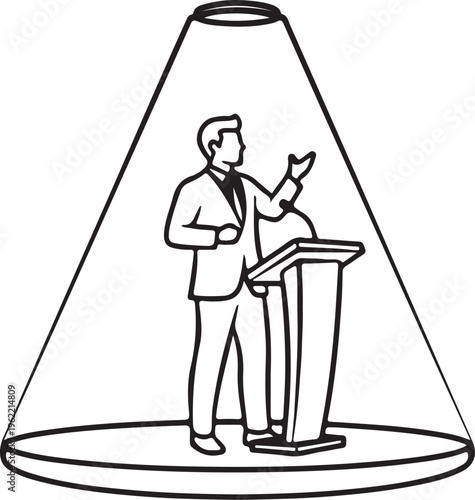 Silhouette of a man giving a speech at a podium with microphone speaker presenting business presentation public speaking event conference communication vector