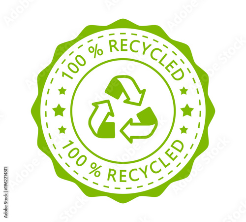 100% Recycled Green Eco Badge with Stars | Circular Recycling Logo Symbol