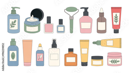 A collection of various skincare bottles jars and beauty tools arranged in a flat vector style set Vector