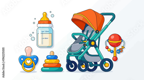 Baby stroller with colorful toys nearby.