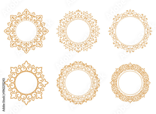 Set of decorative frames Elegant vector element for design in Eastern style, place for text. Floral golden and white frames. Lace illustration for invitations and greeting cards