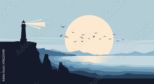 Lighthouse beacon illuminates the tranquil evening seascape.