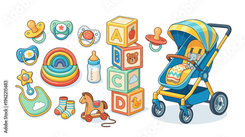 Baby stroller with colorful toys.