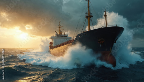 Cargo ship sails through rough ocean waves under cloudy sky during sunset. Powerful sea storm creates immense spray and foam around vessel during its perilous journey.