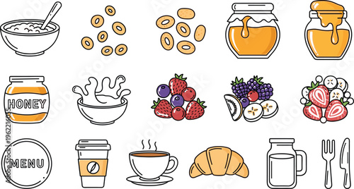 Breakfast and Food Icons Set Featuring Cereal, Honey, Fruits, Coffee, and Croissants for Menu and Meal Design