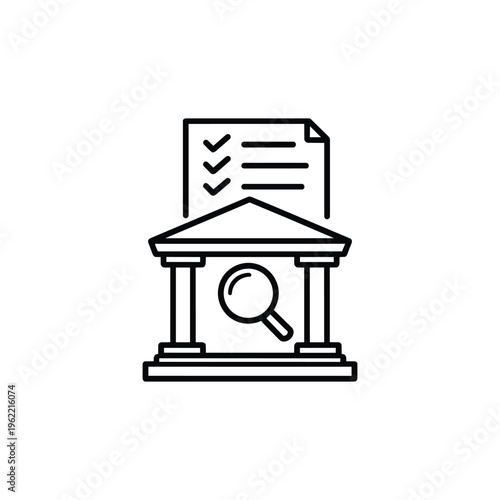 ISO audit and certification icon ISO audit and certification checklist with magnifying glass and government building black and white vector illustration