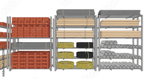 Industrial shelving unit with assorted metal and wood materials.