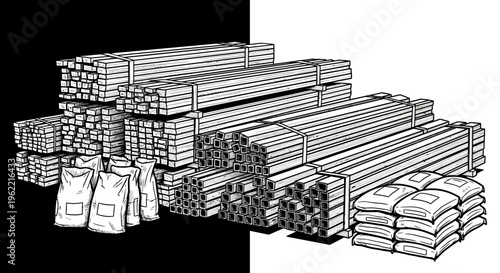 Stacks of metal bars and sheets.