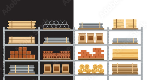 A collection of various metal and wood stock on shelves.