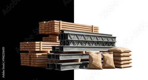 A stack of wooden planks and metal beams.
